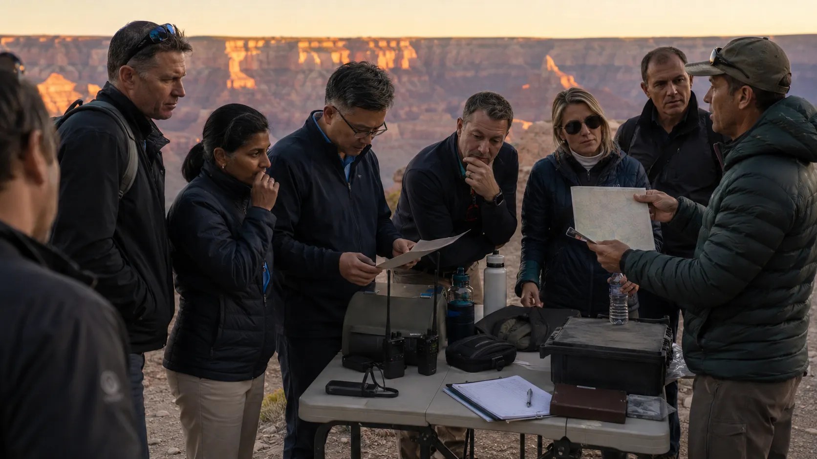 Executives gathered around a field table of radios, maps and a case at first light, a guide briefing them.