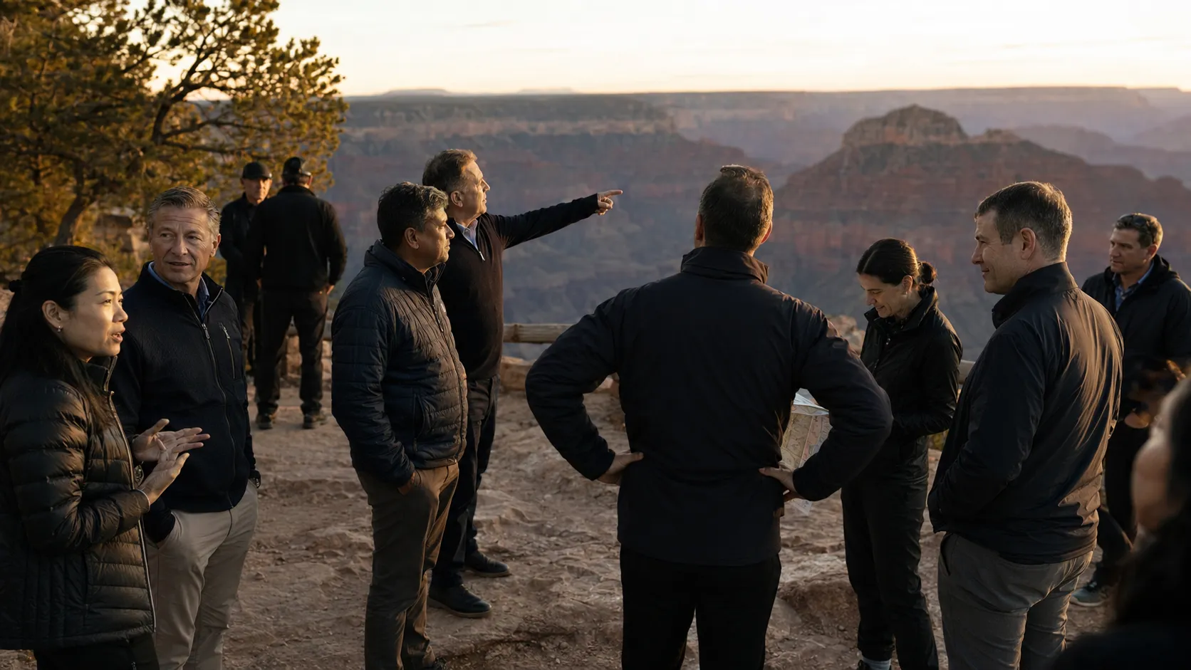 Executives gathered at the Grand Canyon rim at golden hour, one pointing out across the canyon.