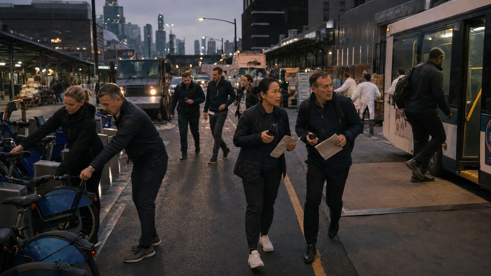 Executives moving through a market district at dawn on foot, bikes and a city bus, the skyline behind them.