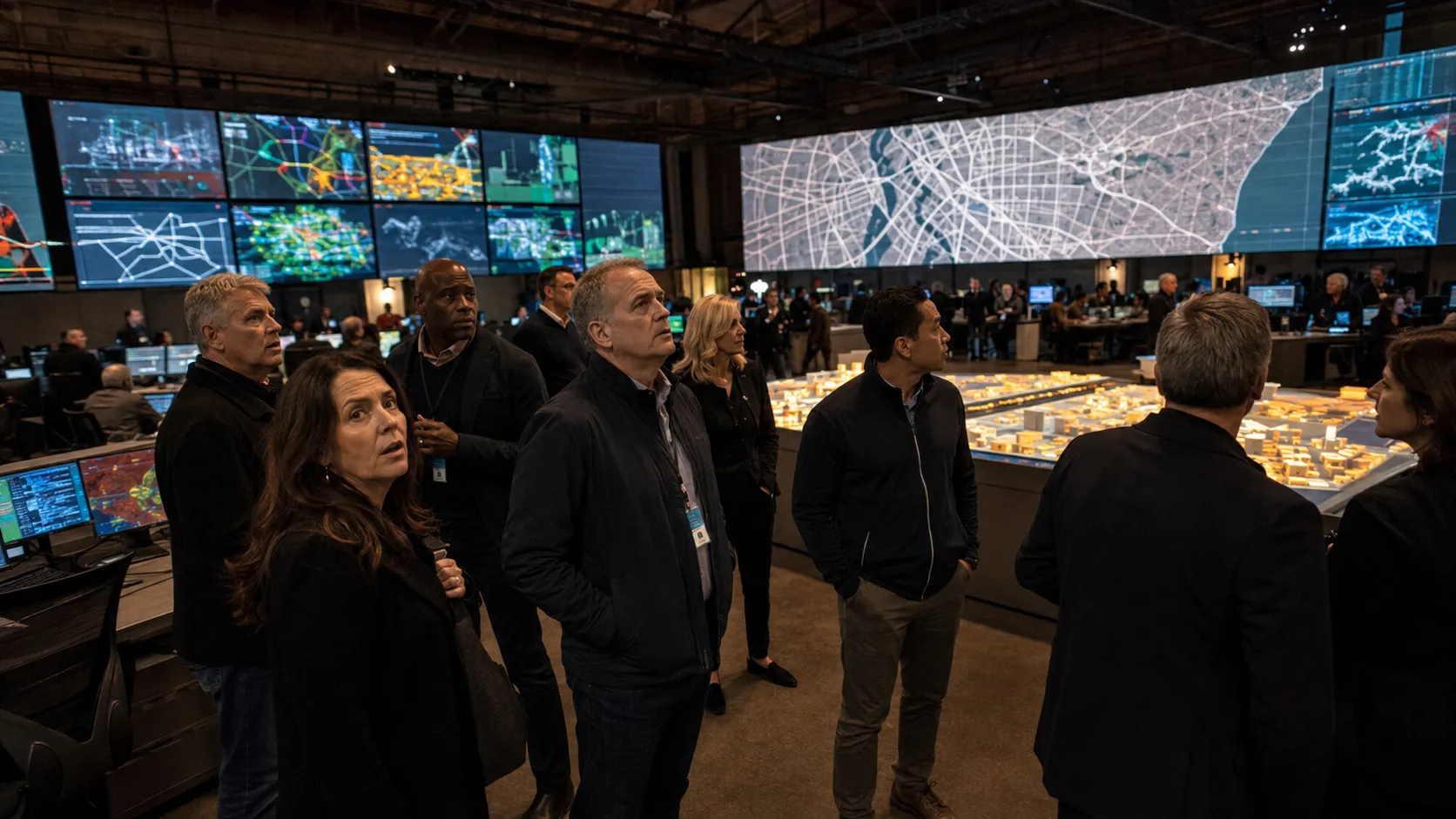 Executives standing before a twenty-foot digital city map and a lit physical model inside a converted command center.