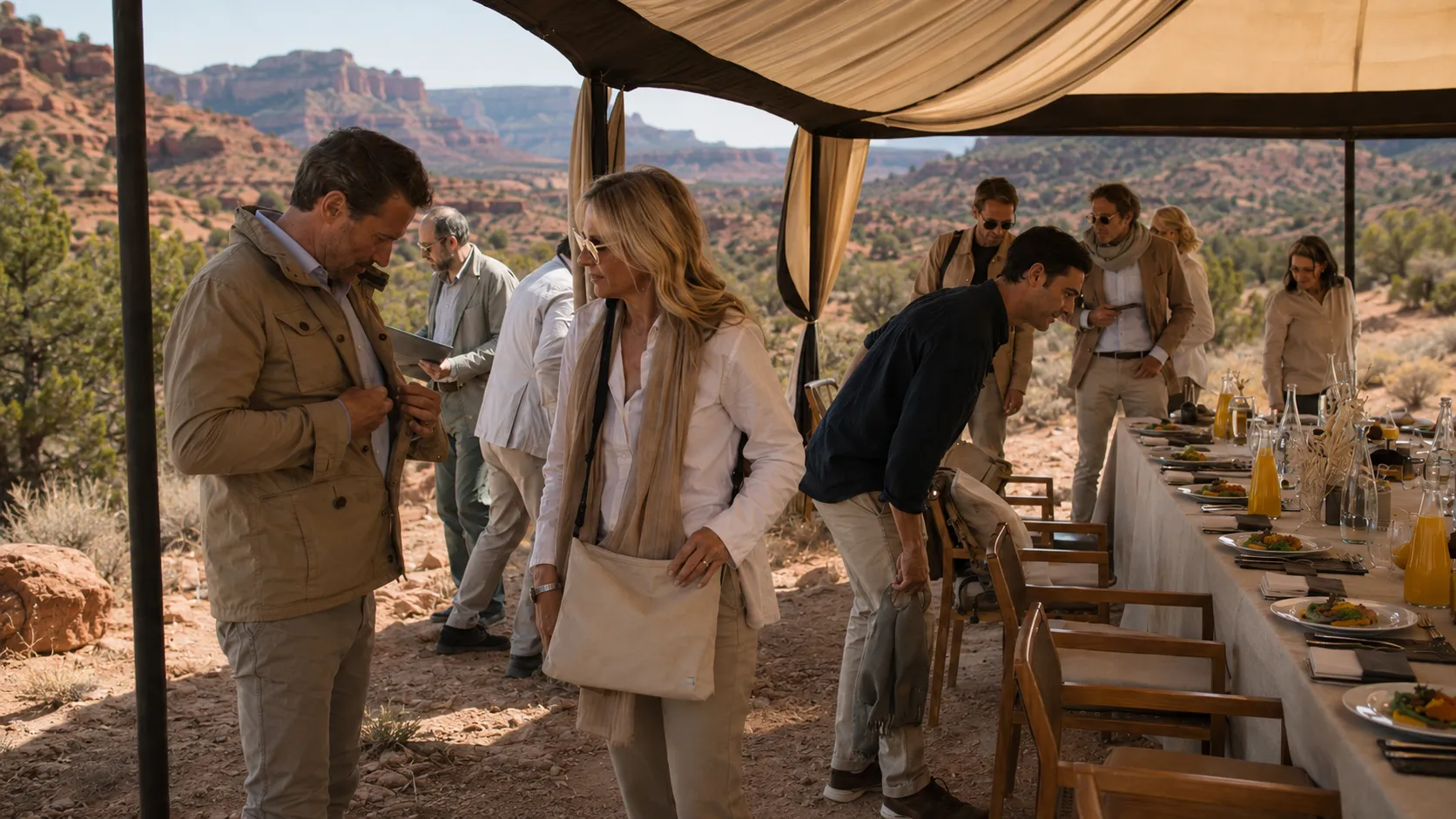 A long linen dining table set under a canopy in the open Sedona desert, red rock beyond.