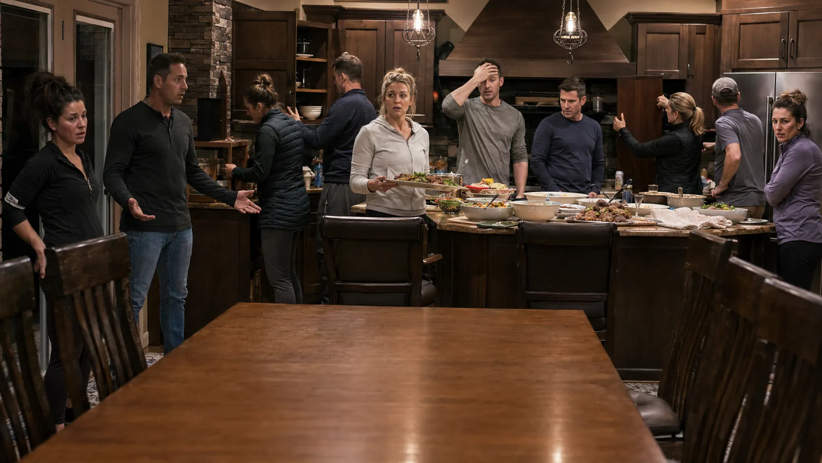 Finished dishes crowd the kitchen island while the dining table in front sits completely bare — no plates, no settings.