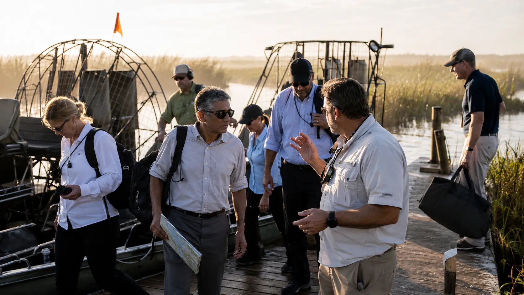 Executives stepping off airboats onto a dock at dawn, a guide briefing them, one holding a paper map.