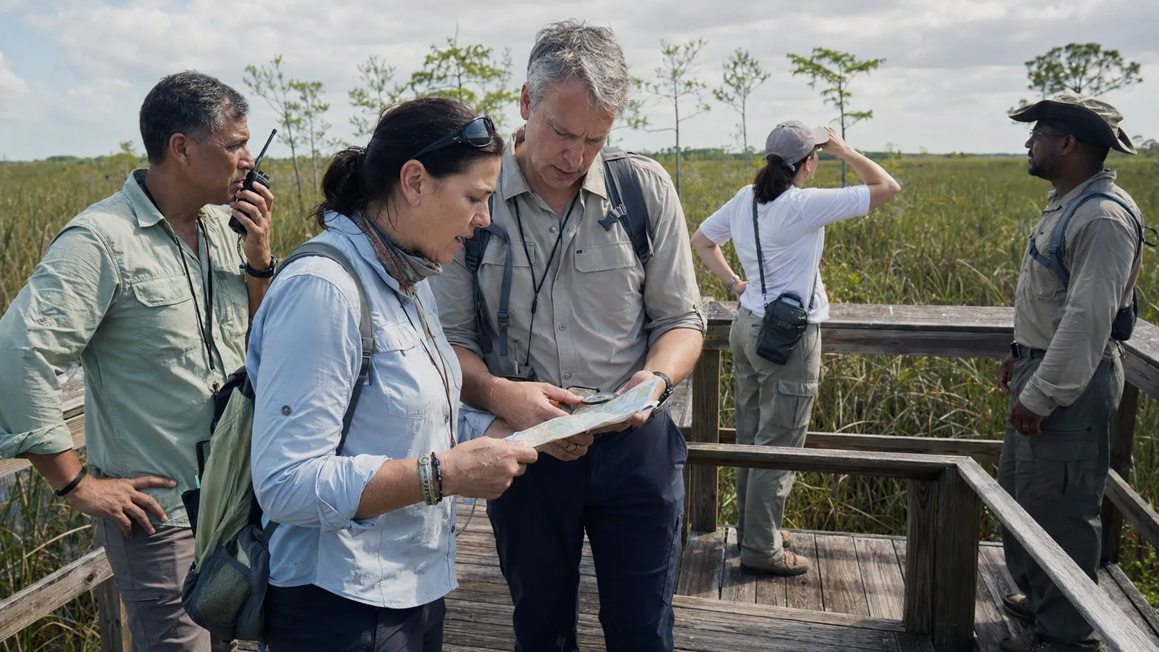Executives heads-down over a paper map on a marsh boardwalk, working out a route.