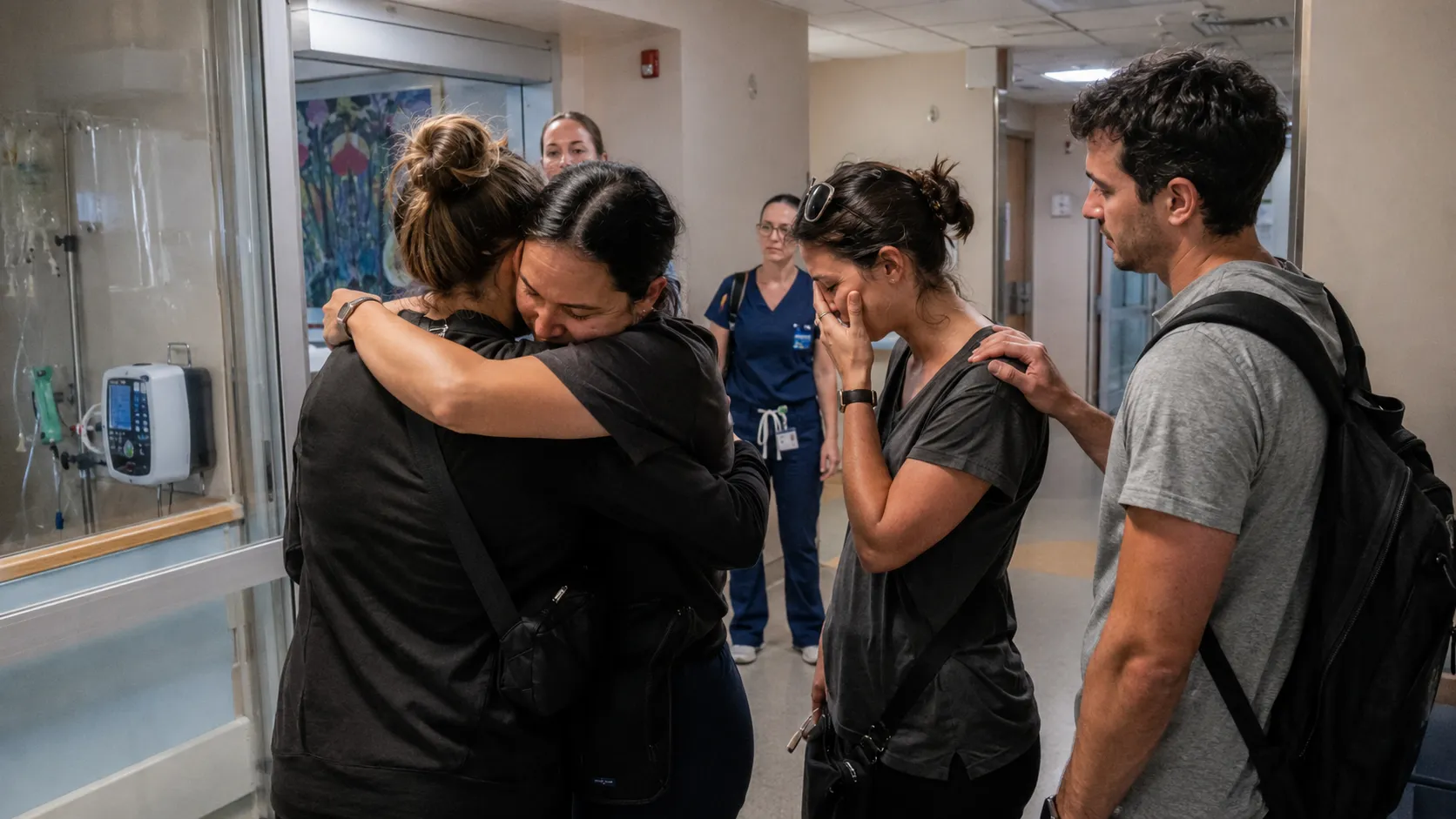 Executives in a hospital corridor after the visit, holding one another, several visibly moved.