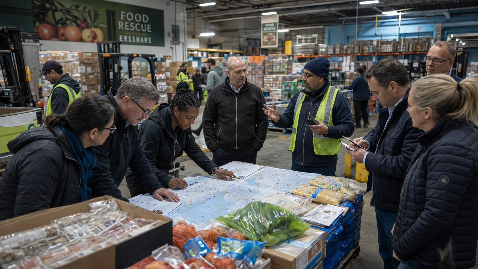 Executives working with a hi-vis logistics worker over a city map at a food-rescue warehouse.