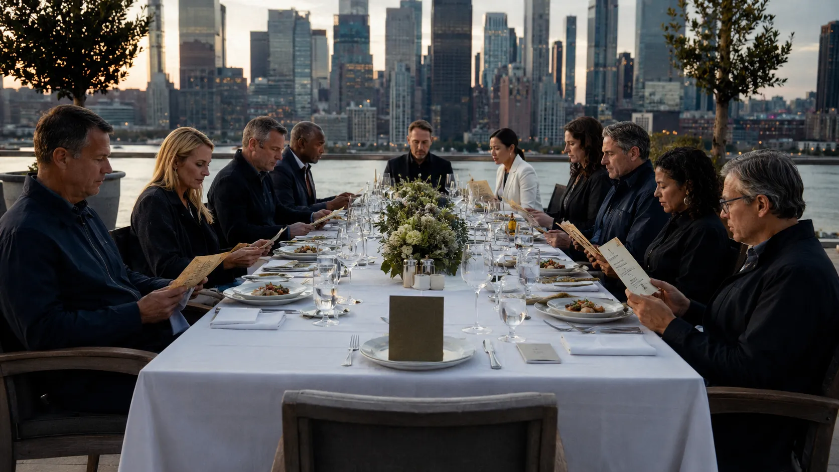 A long dining table set above the river skyline, with one empty chair set for an unexplained guest.