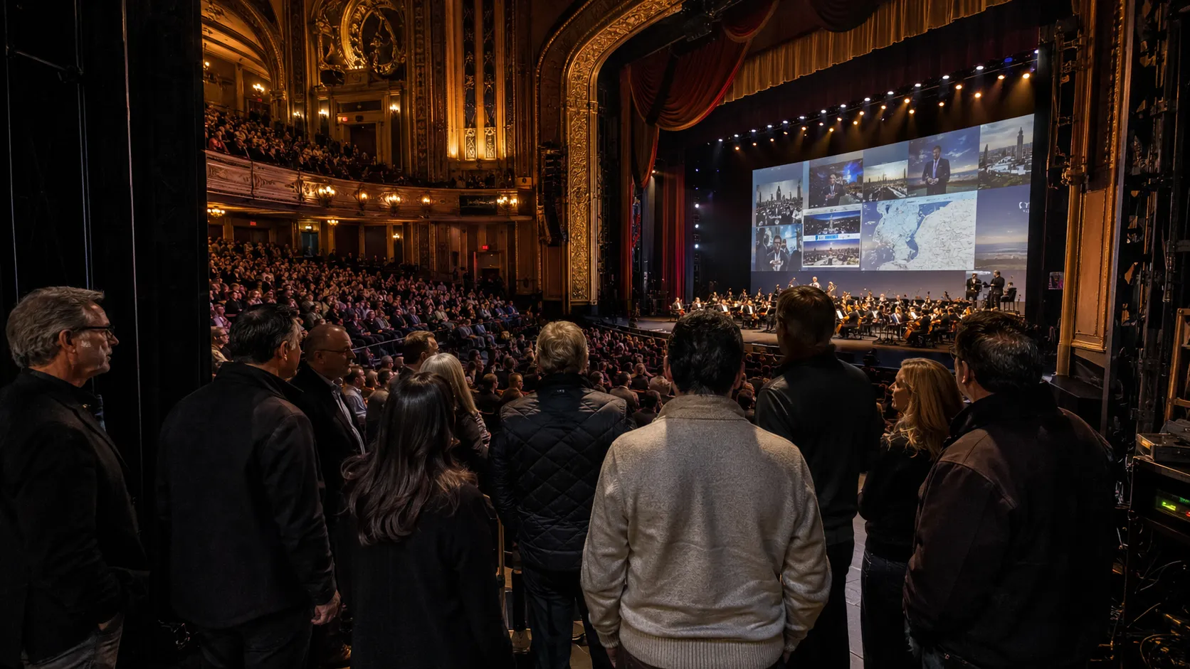 An ornate theater with a full audience, an orchestra, and the day’s footage and data projected on a huge screen.