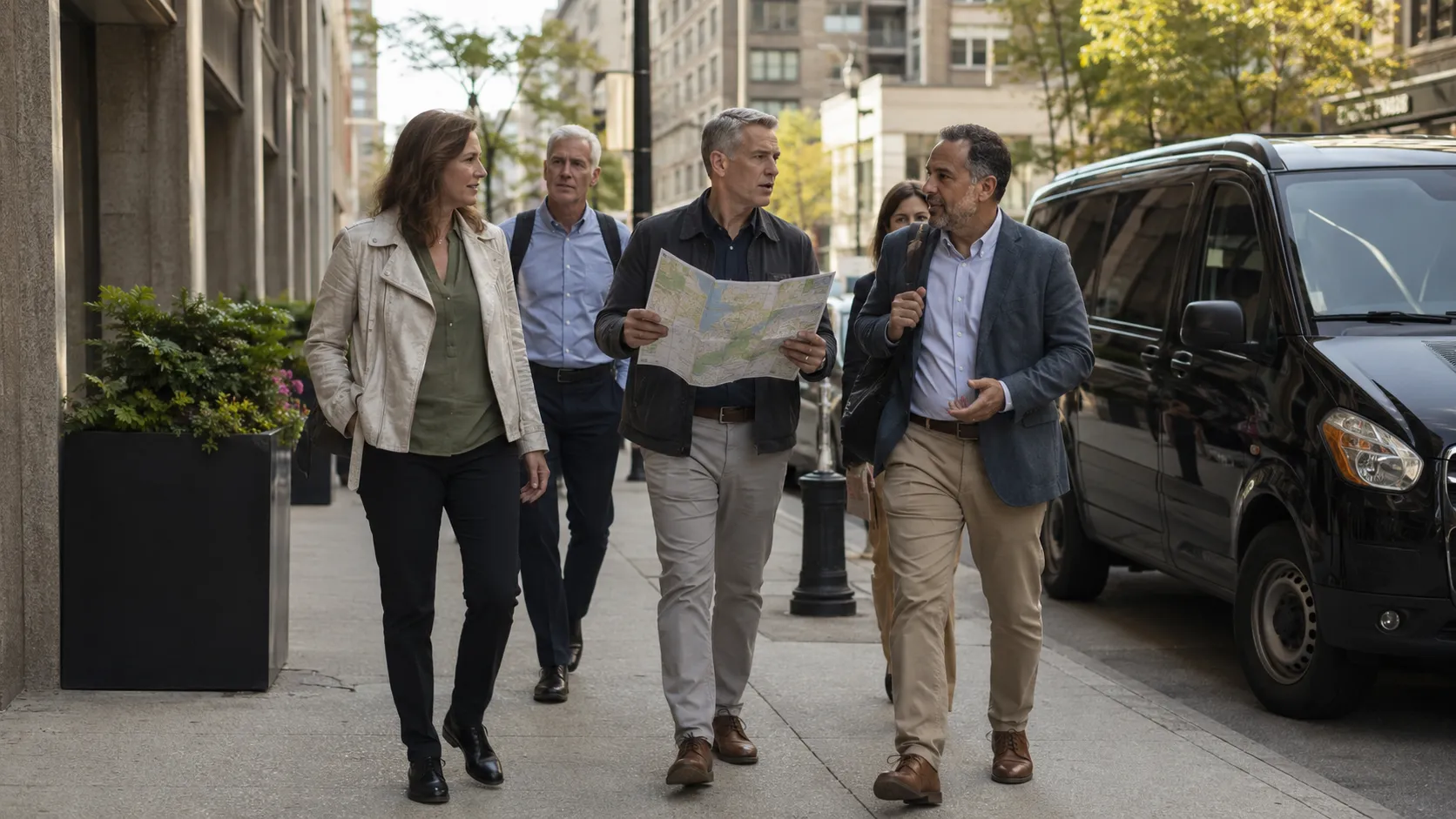 Executives walking a downtown sidewalk with a folded map, a black van alongside them.