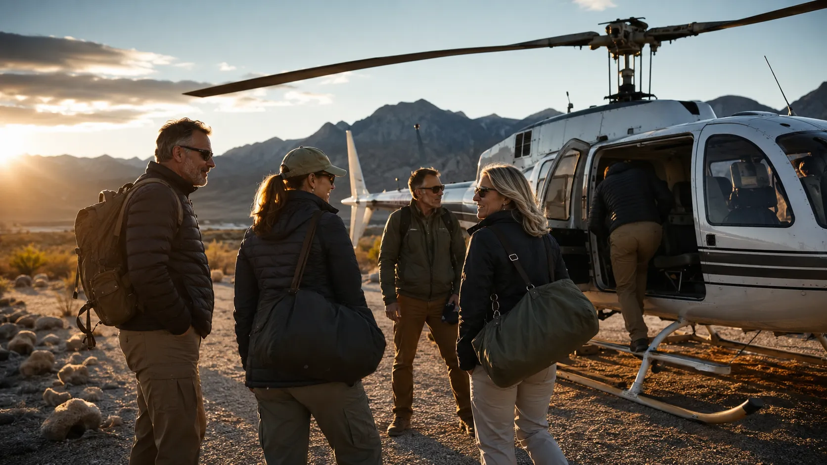 Executives with duffel bags boarding a light helicopter on a desert airstrip at golden hour, mountains behind.