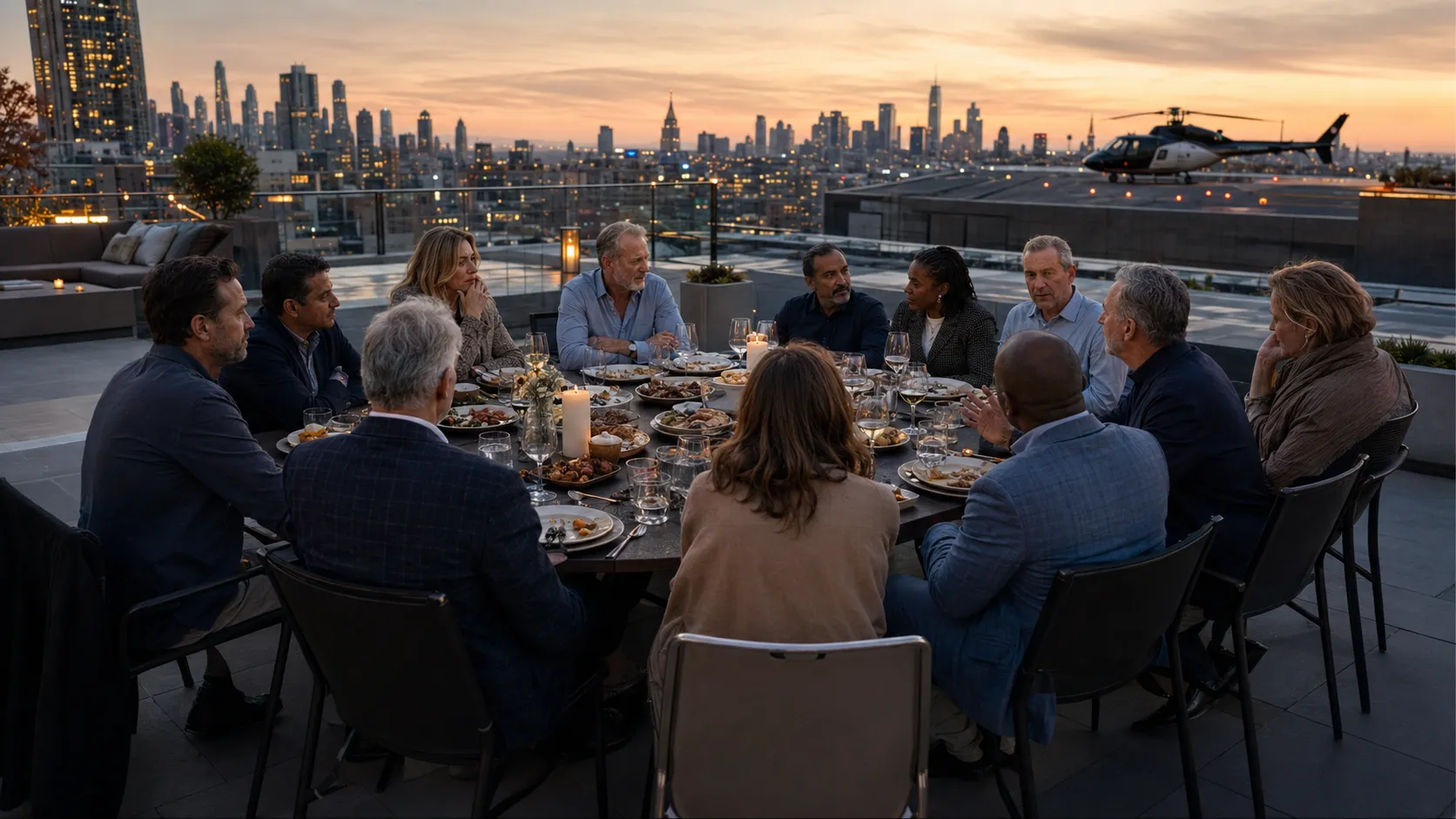 A rooftop dinner at sunset with the city skyline and a helicopter on the pad, one chair at the table left empty.