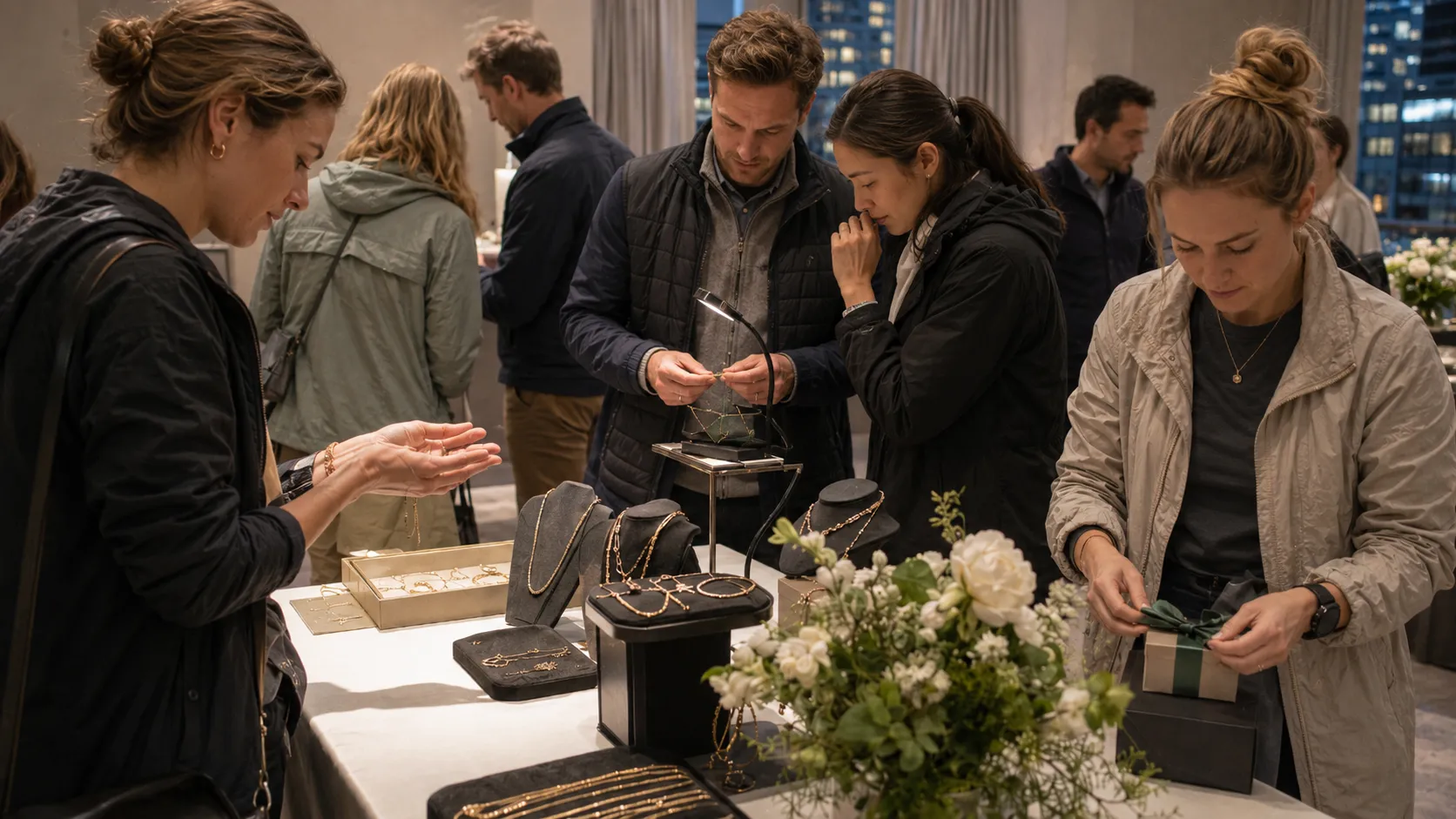 Executives at a jewellery table choosing pieces and wrapping a gift, city skyline behind.