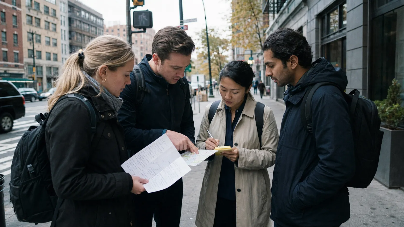 Four executives on a New York street corner, heads-down over a paper map, working out their route.