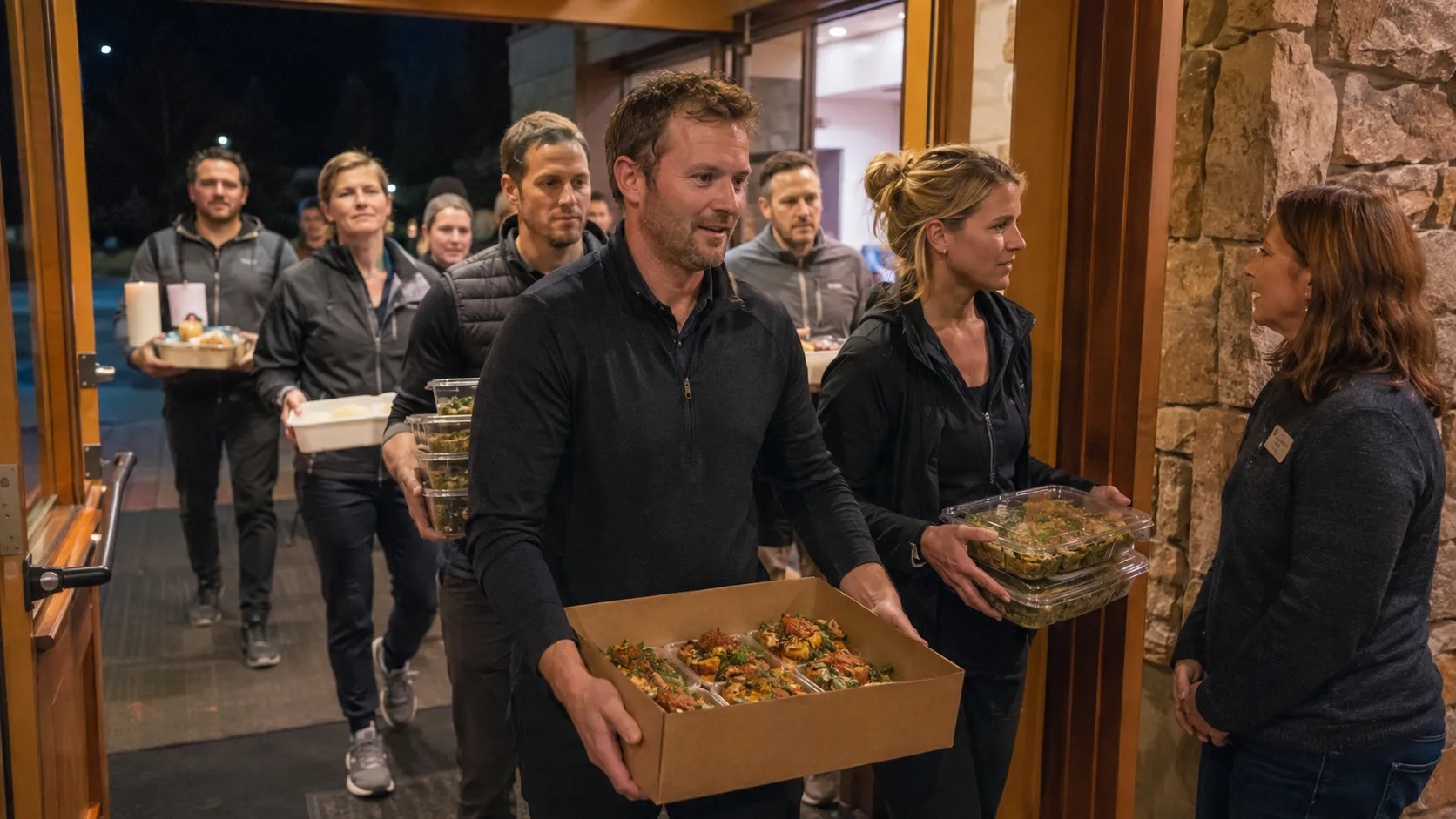 Executives carrying trays and boxes of food through a doorway at night, greeted by a staff member.