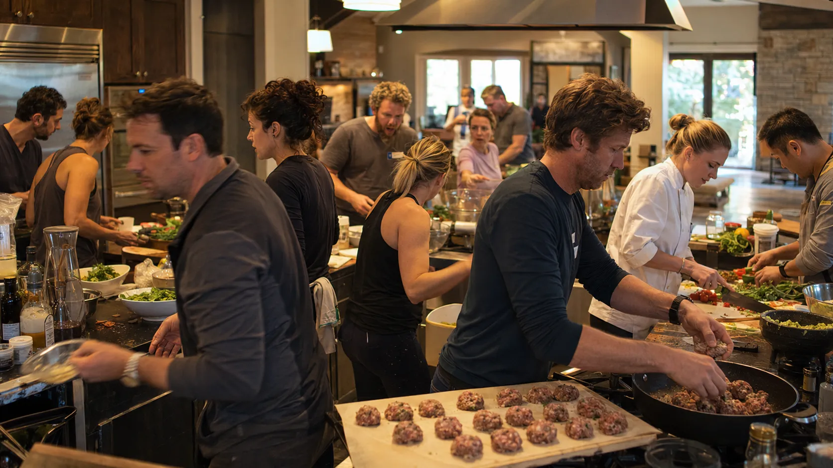 Executives cooking at crowded kitchen stations, a chef among them, a tray of meatballs in the foreground.