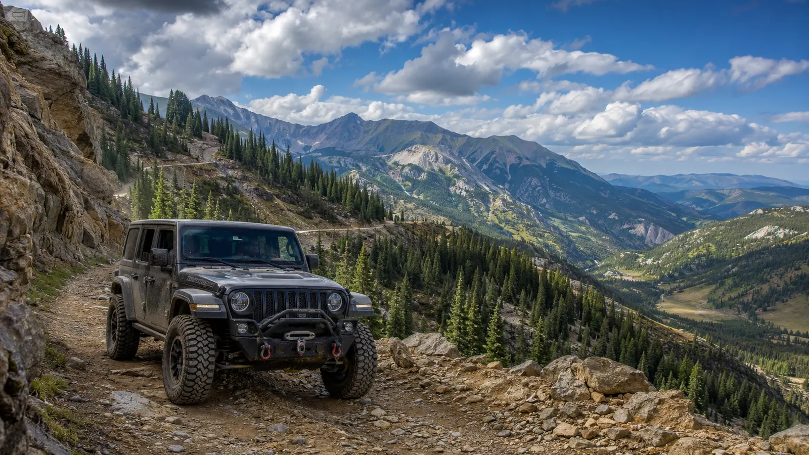 A vehicle on a narrow shelf road high in the Colorado front range.