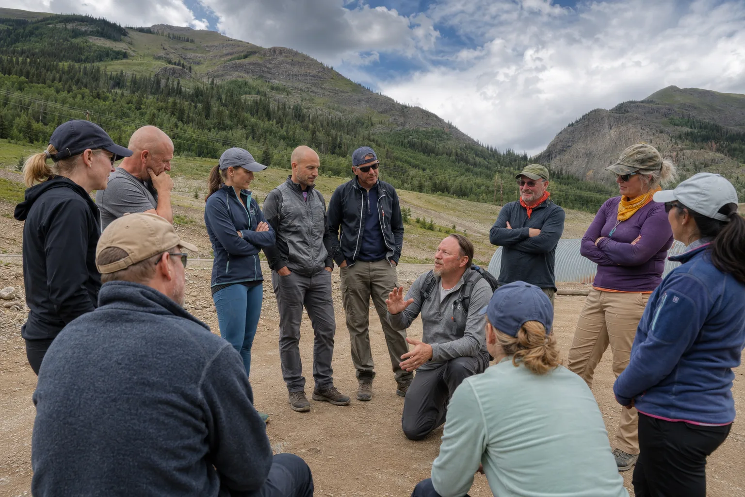 James Carter, kneeling in a grey pullover, facilitating a leadership debrief with an executive team standing in a circle on Colorado's Alpine Loop above Silverton.