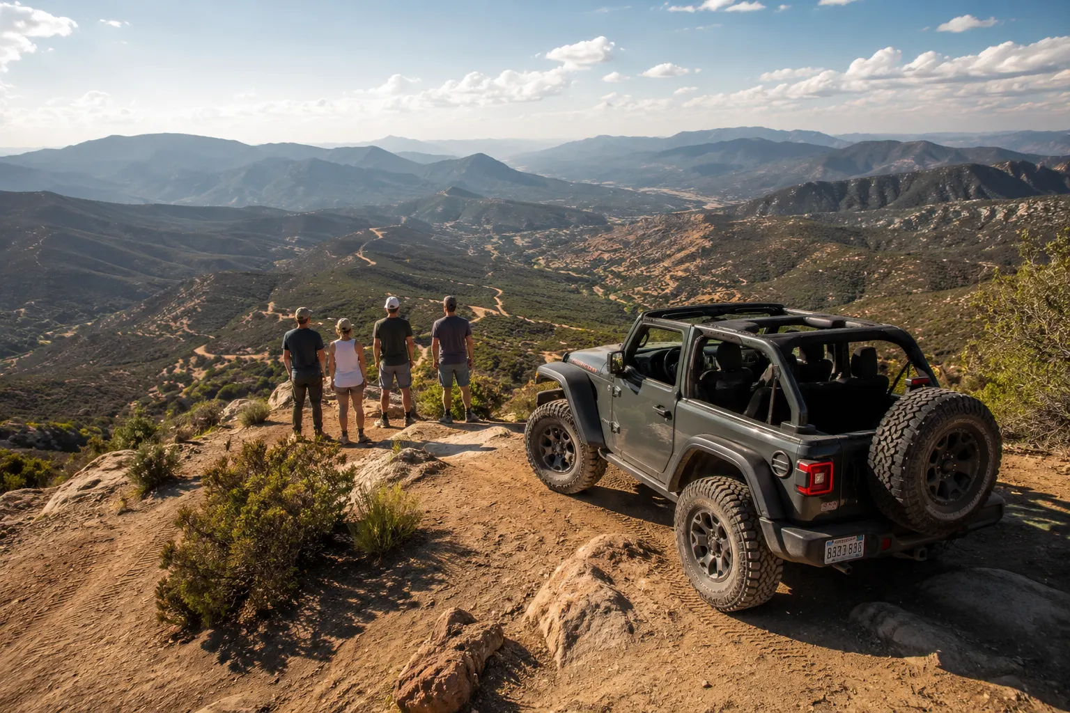 An executive team standing at a ridgeline overlook beside a Jeep at Hungry Valley north of Los Angeles, chaparral mountains stretching to the horizon.