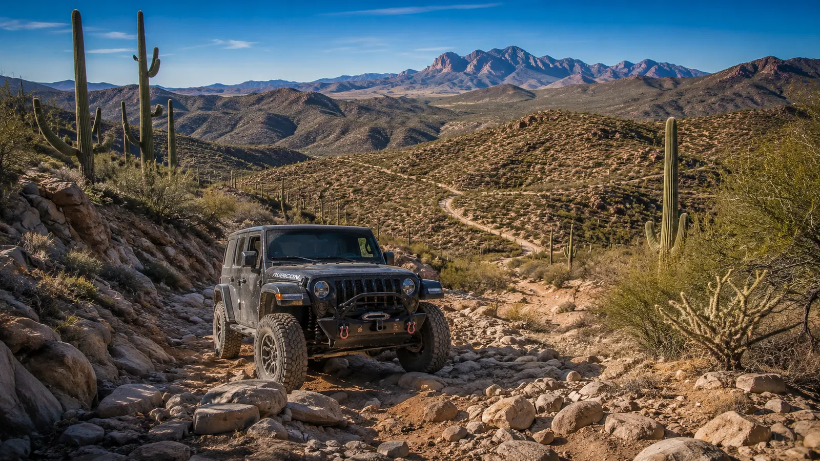 A Jeep Wrangler Rubicon on a rocky Sonoran Desert trail outside Phoenix, saguaro cactus and mountains beyond.