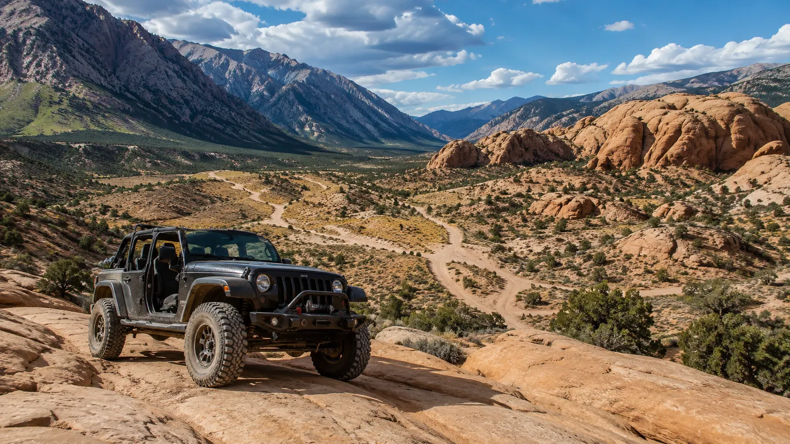A Jeep Wrangler on Utah slickrock at Little Moab outside Salt Lake City, red-rock domes and mountains beyond.