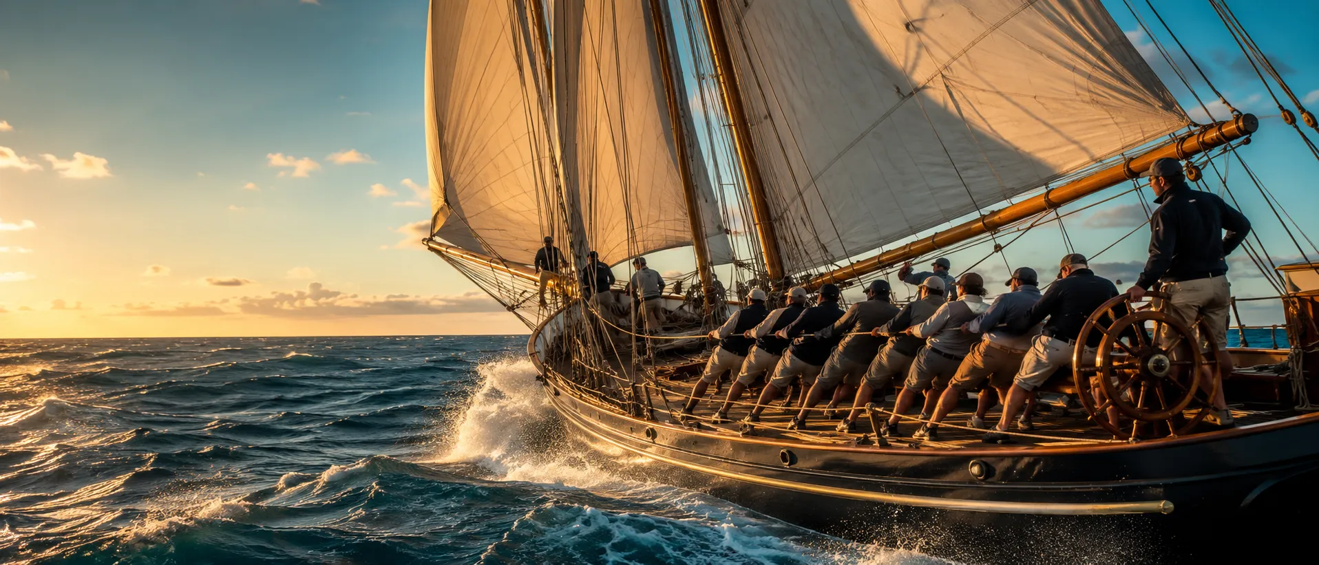An executive team hauling a line together in unison on the deck of a classic sailing ship at golden hour, the helmsman at the wheel.