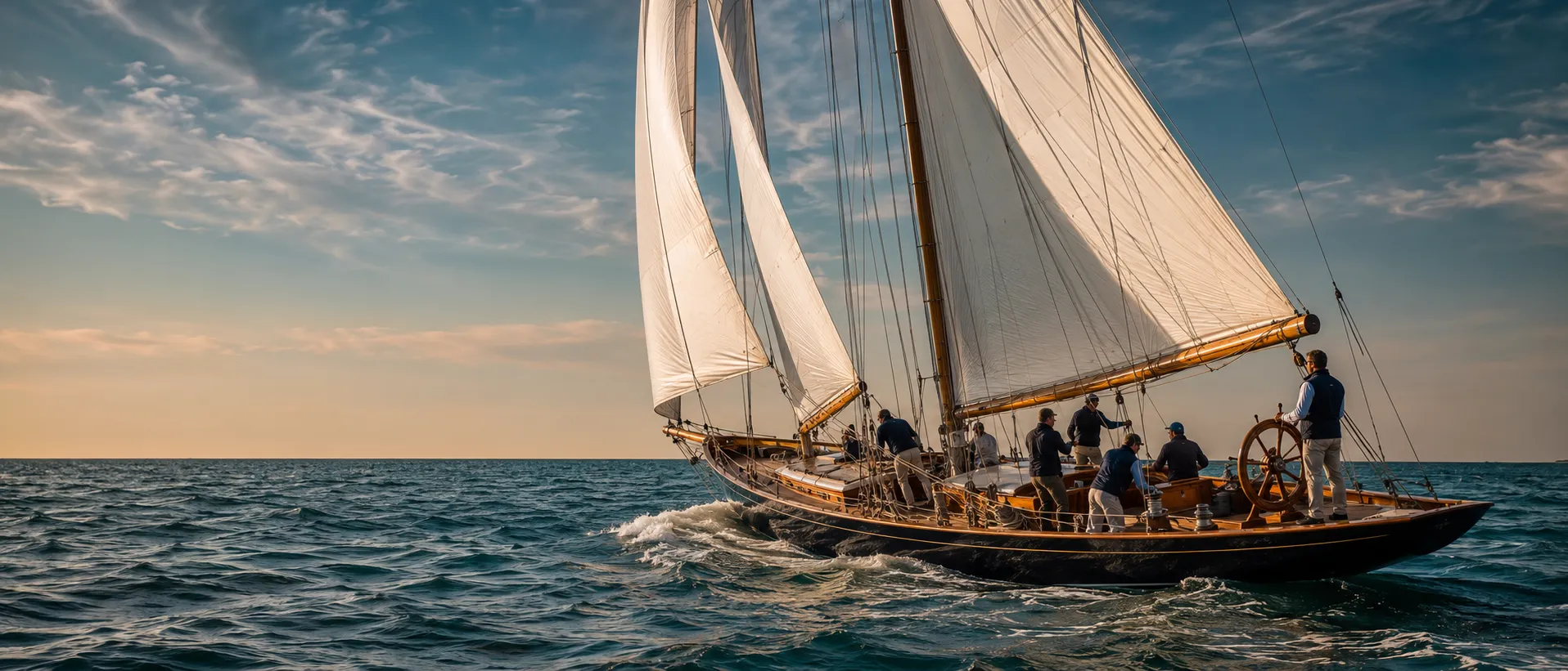 An executive team aboard a classic schooner under full sail at golden hour