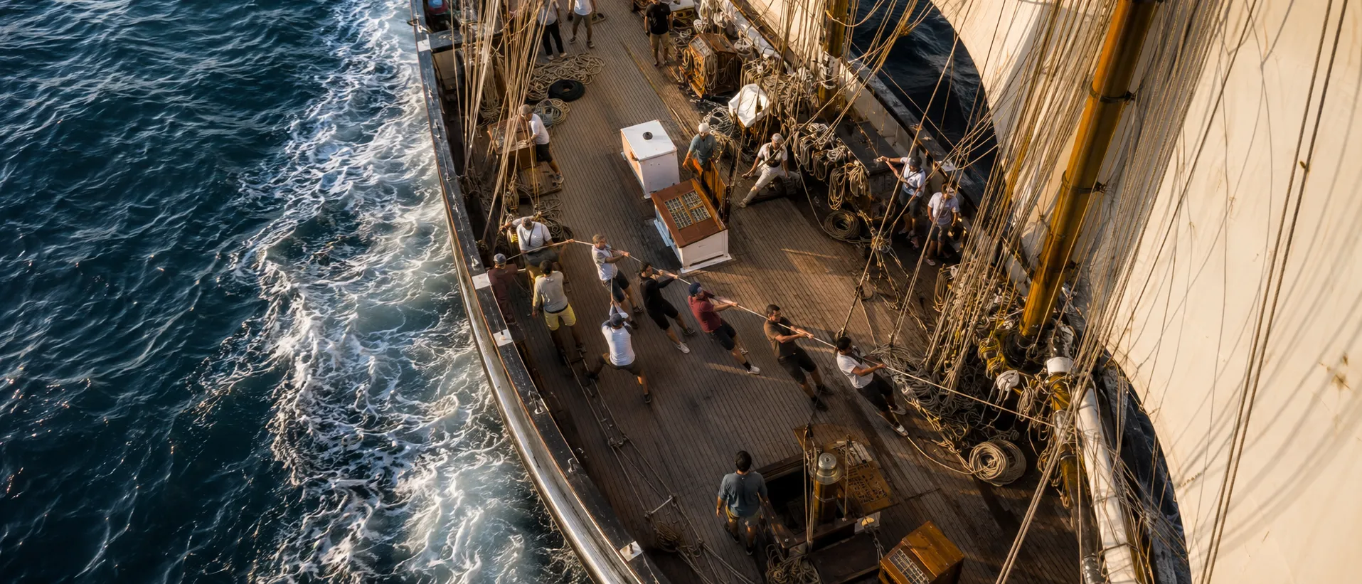 Aerial view of an executive team hauling on a line together on the deck of a tall ship under sail, deep blue ocean and wake alongside.
