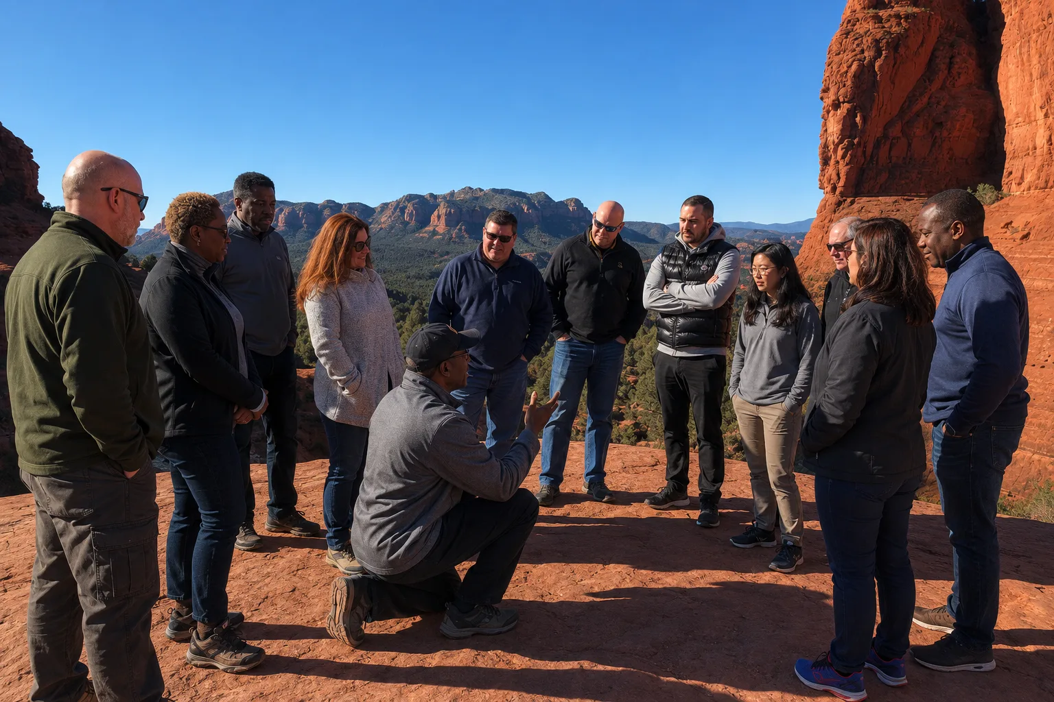 James Carter, kneeling in a grey pullover, facilitating a leadership debrief with an executive team standing in a circle on a Sedona red-rock overlook.