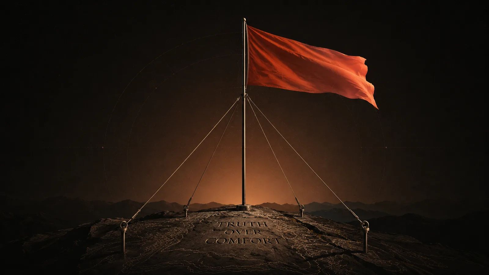 The Flag Model — a rust-red flag held upright by four taut cables anchored into bedrock engraved Truth Over Comfort. The flag is a leadership team's two or three priorities; the four cables are the disciplines that hold them up.